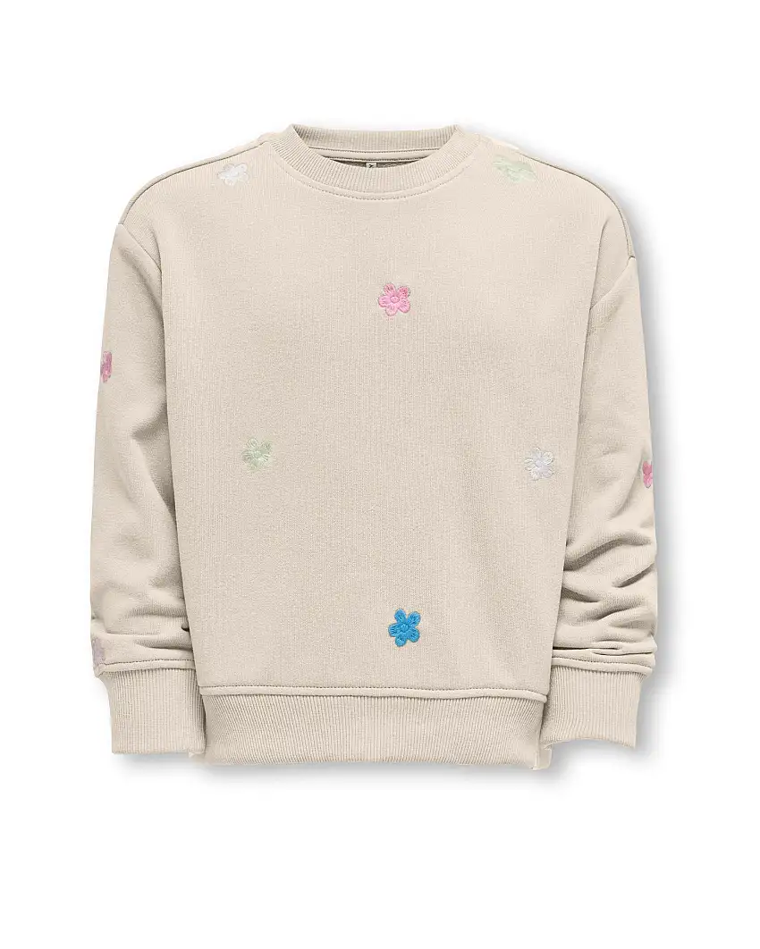 Felpa beige girocollo in misto cotone con ricamo fiori multicolor all over