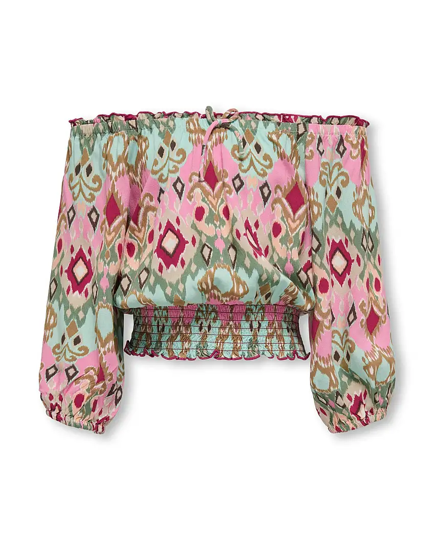 Top in viscosa con spalle scoperte in fantasia etnica multicolor