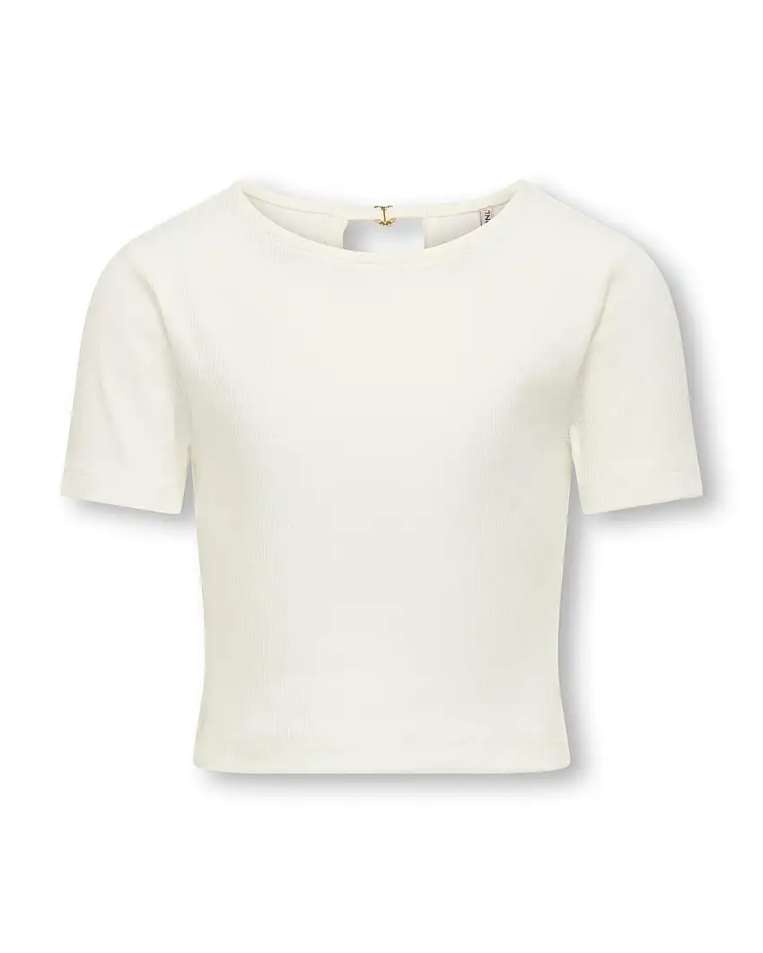 T-shirt mezza manica avorio in cotone stretch a costine con apertura a goccia sul retro