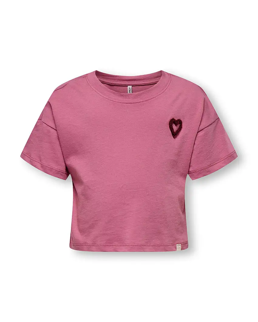 T-shirt boxy malva in puro cotone con cuoricino in rilievo