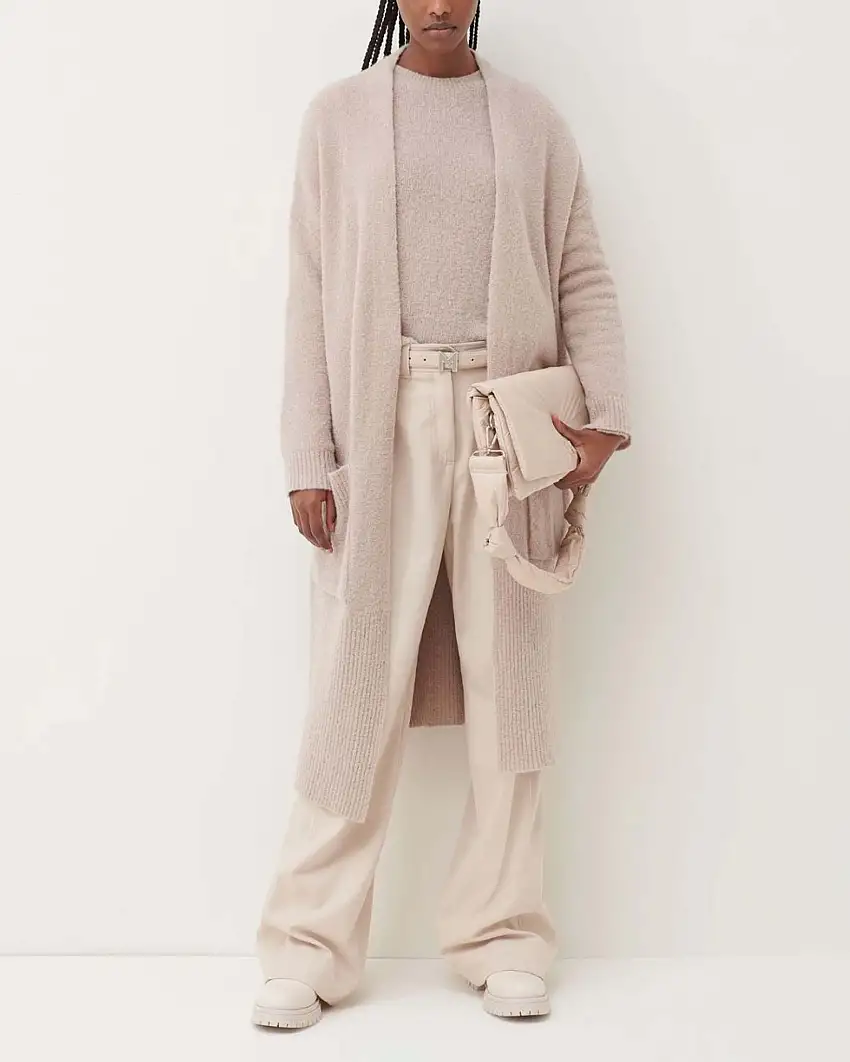 Maxi cardigan color sabbia in misto lana bouclè Linea MONOCHROME