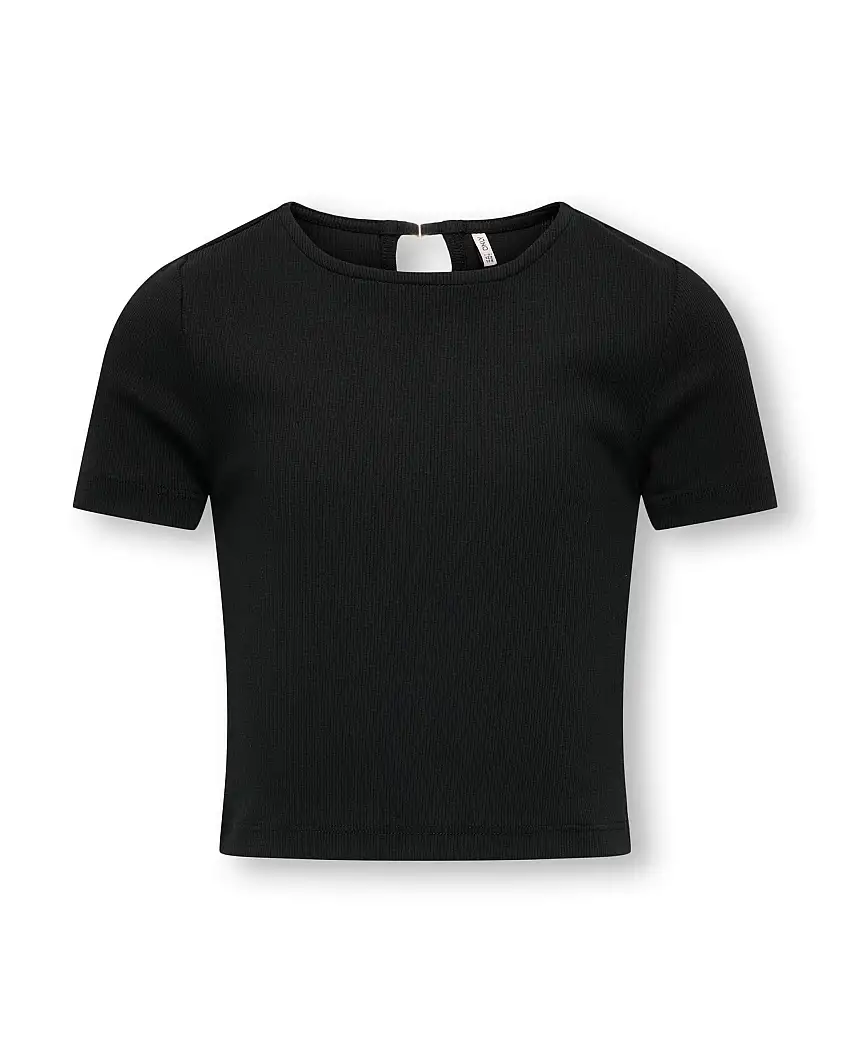 T-shirt mezza manica nera in cotone stretch a costine con apertura a goccia sul retro