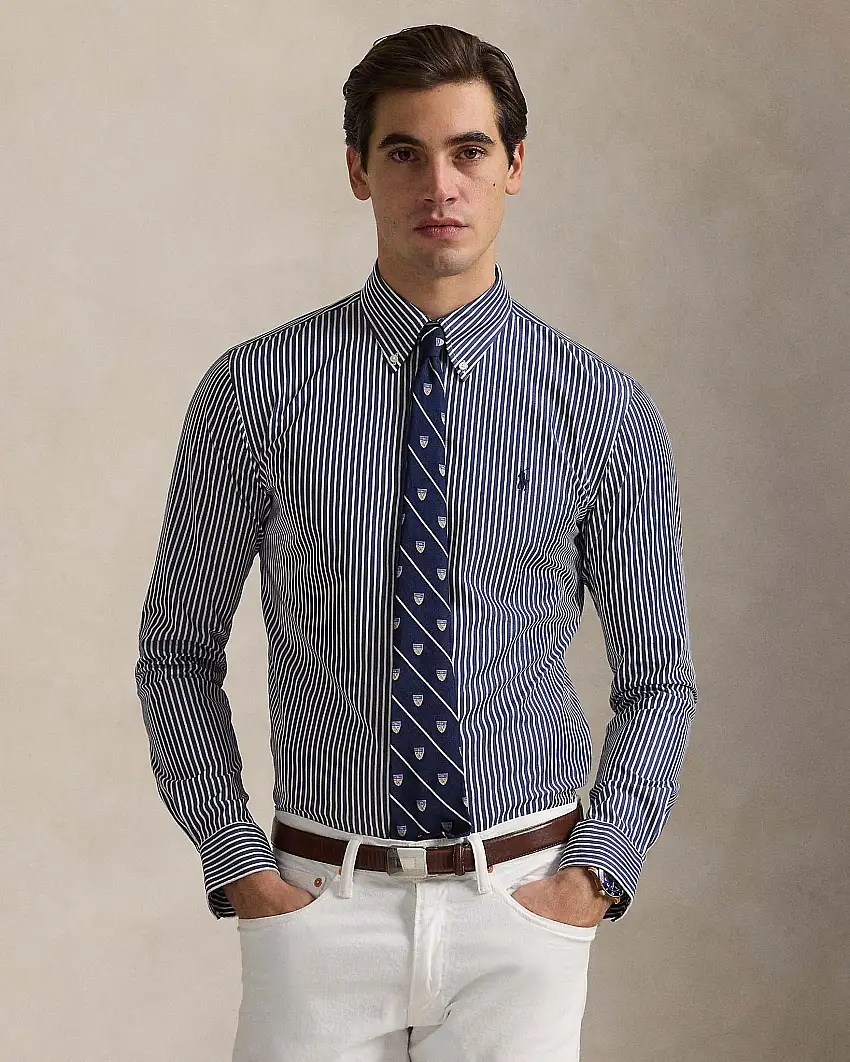 Camicia custom-fit a righe blu e bianche in Oxford di cotone stretch con colletto button-down
