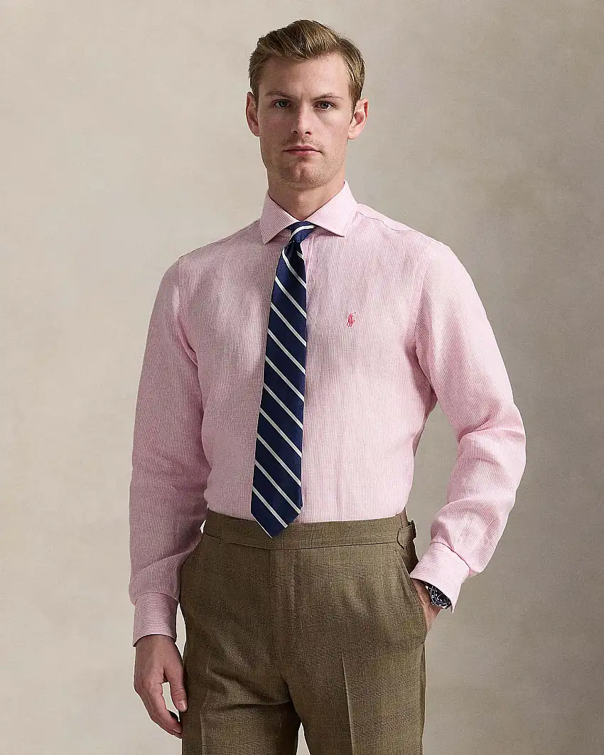 Camicia custom-fit a righe bianche e rosa in puro lino con colletto aperto alla francese