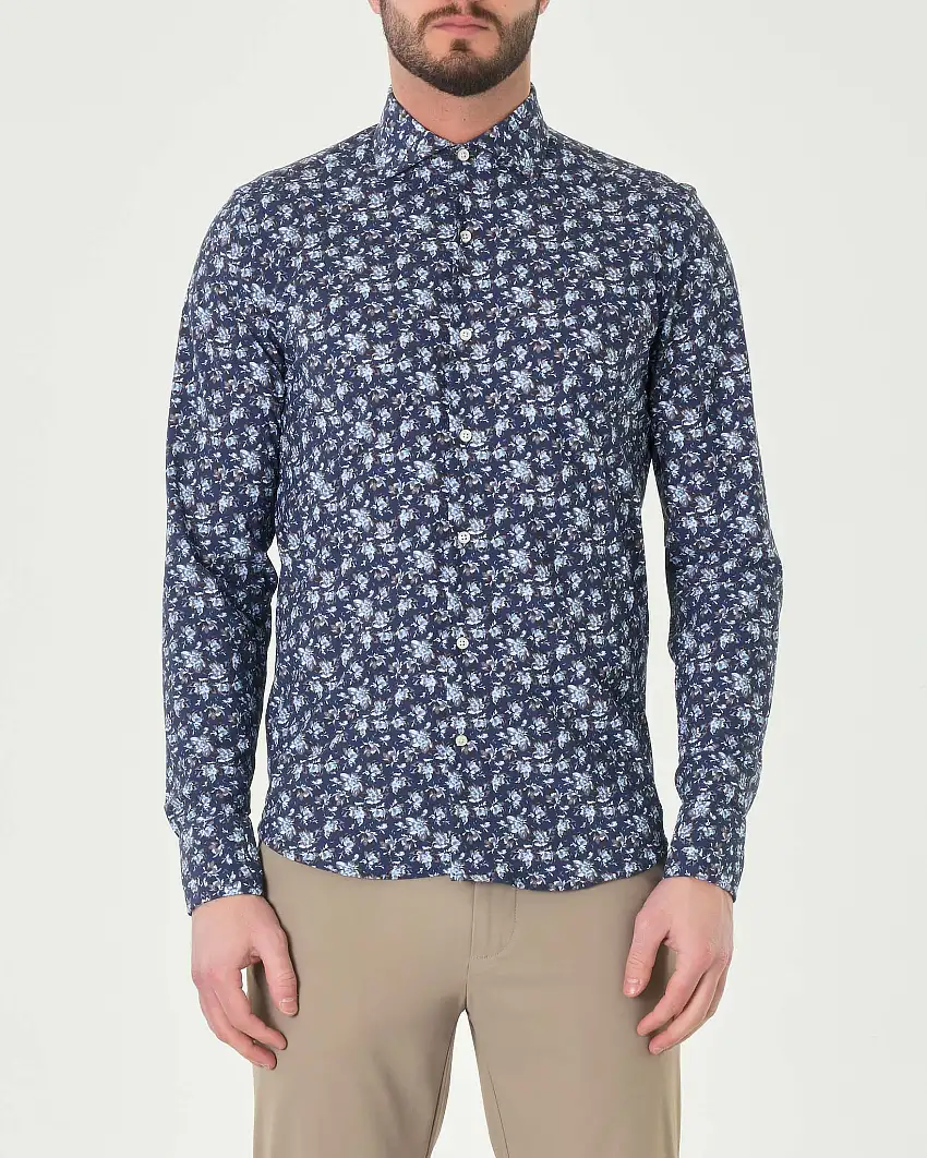 Camicia blu in fantasia floreale azzurra in tessuto tecnico hyper comfort