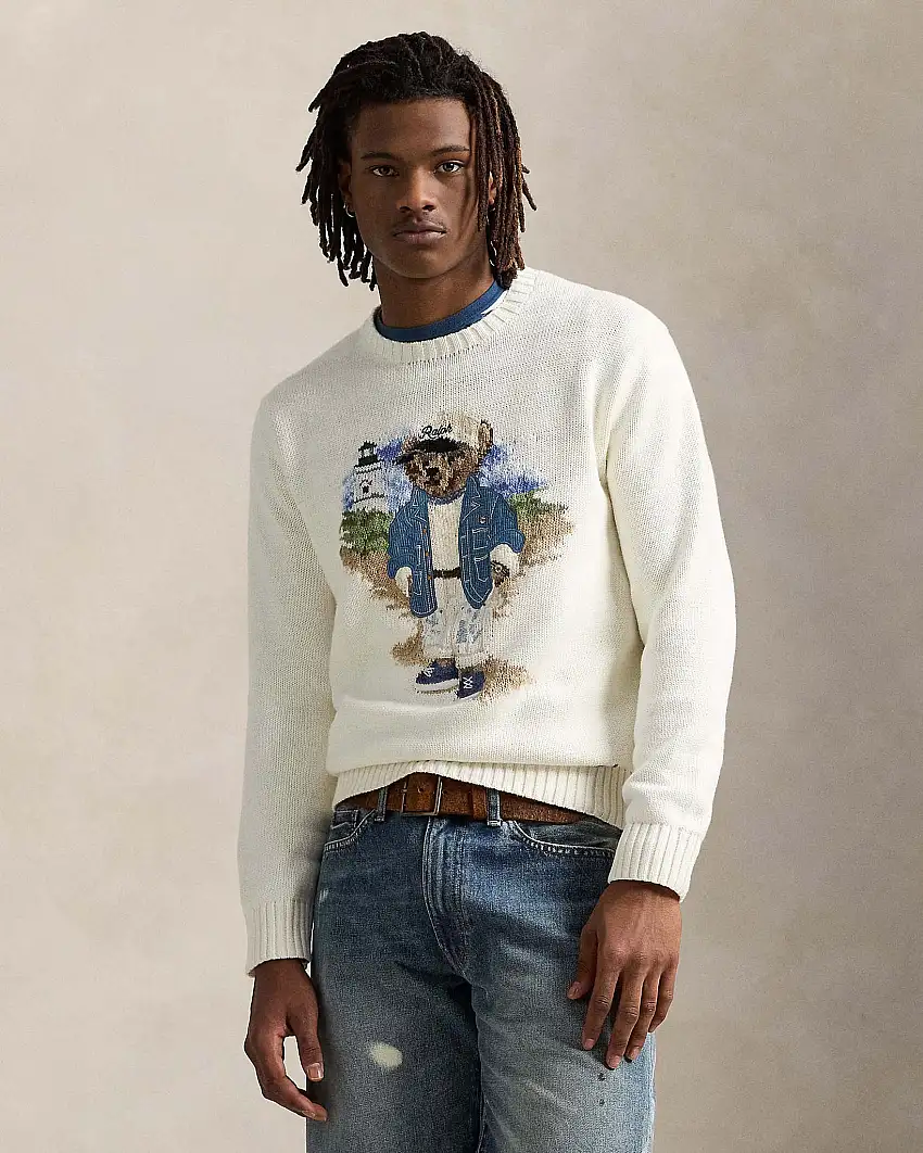 Maglia bianca girocollo in puro cotone con ricamo Polo Bear