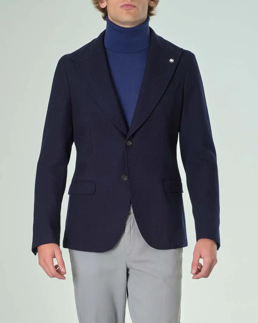 Blazer blu in misto lana e cotone a trama diagonale con rever a lancia