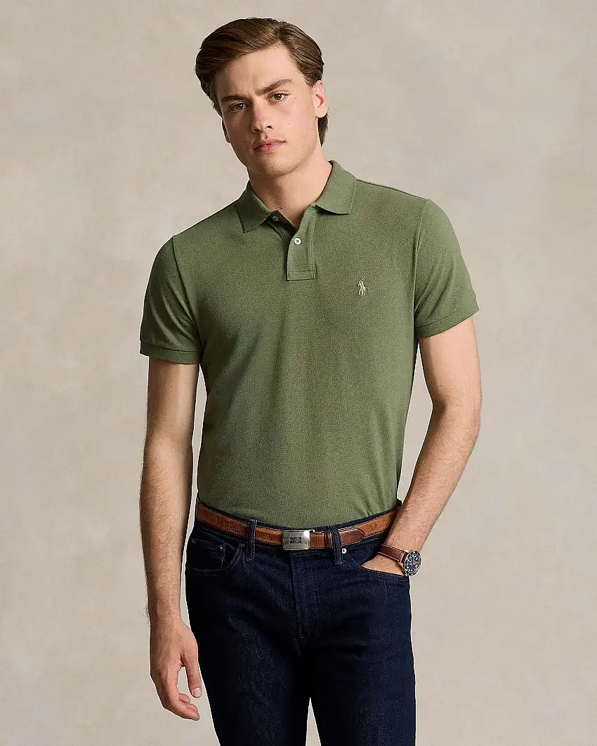 Polo verde militare mezza manica in piquè di puro cotone slim-fit