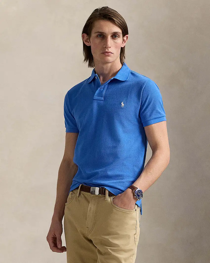 Polo celeste mezza manica in piquè di puro cotone slim-fit