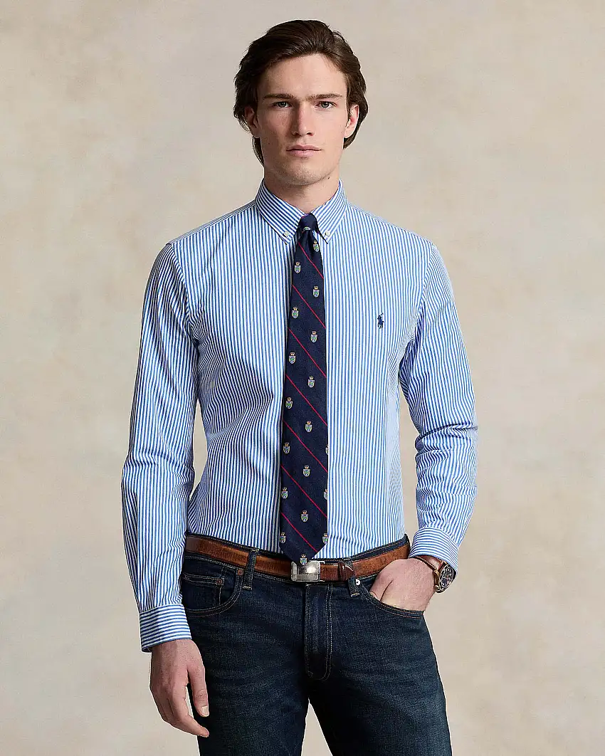 Camicia slim a righe bianche e celesti in popeline di cotone stretch con colletto button-down
