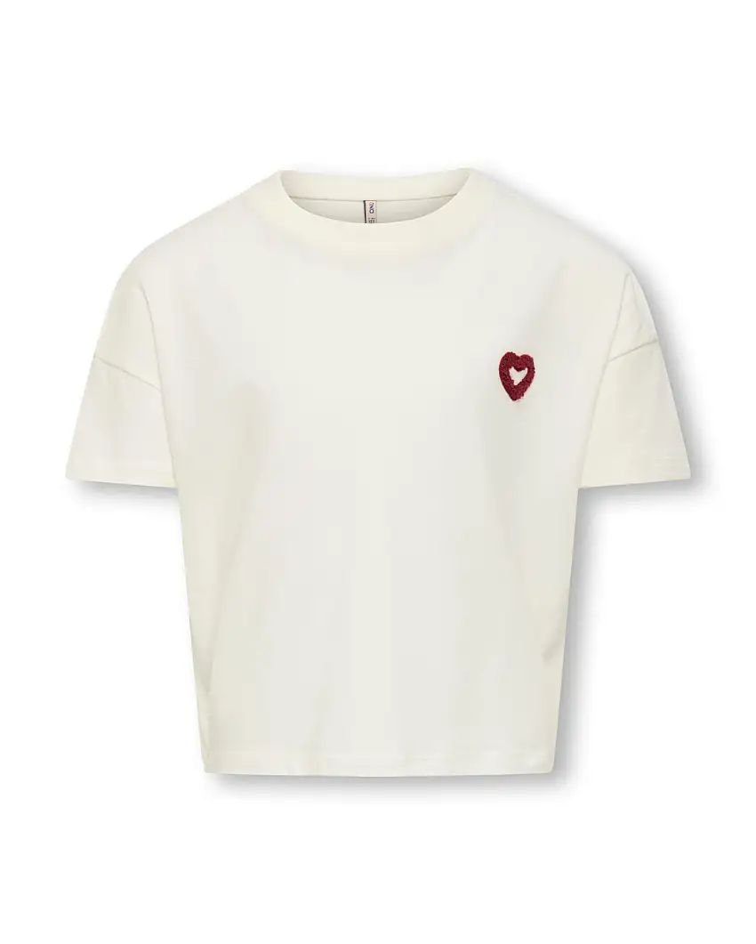 T-shirt boxy avorio in puro cotone con cuoricino in rilievo