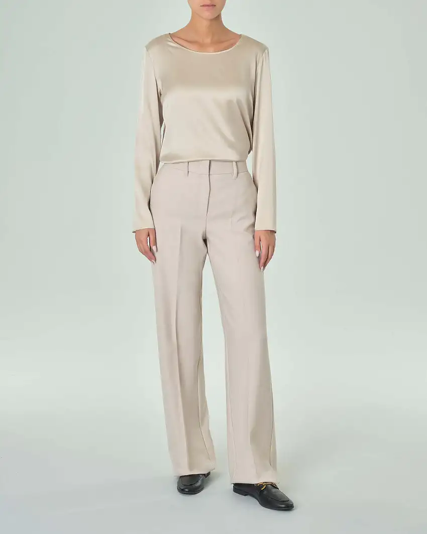 Pantaloni palazzo color gesso in saglia di misto lana stretch