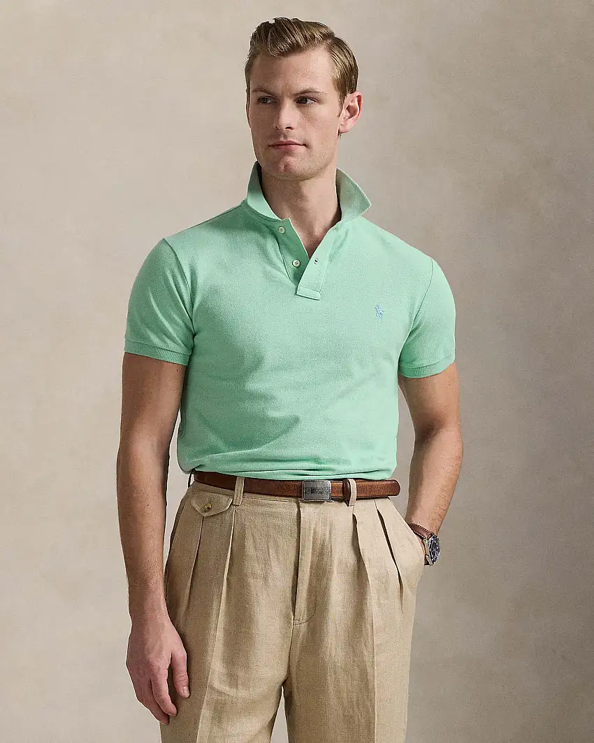 Polo verde menta mezza manica in piquè di puro cotone slim-fit