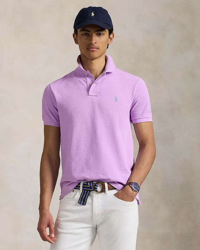 Polo lilla mezza manica in piquè di puro cotone slim-fit