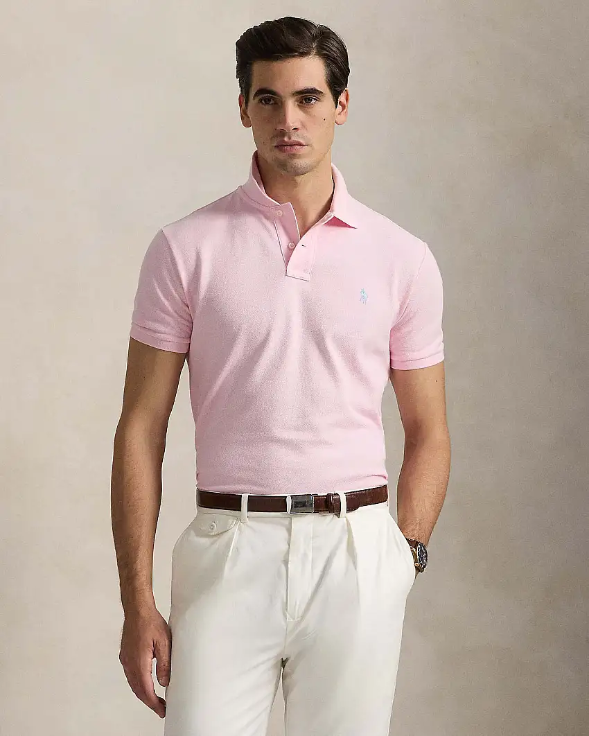 Polo rosa mezza manica in piquè di puro cotone slim-fit