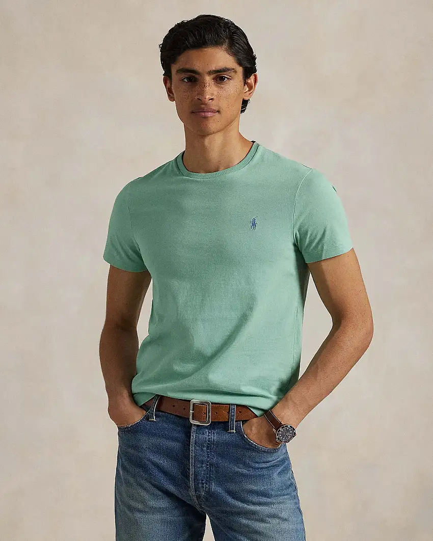T-shirt verde menta custom slim-fit in puro cotone con logo pony ricamato sul petto