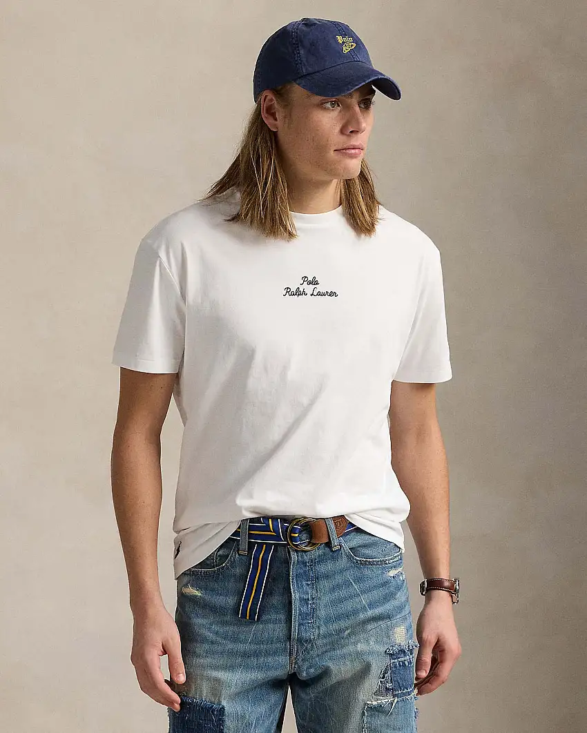 T-shirt bianca classic-fit mezza manica con logo scritta ricamato davanti