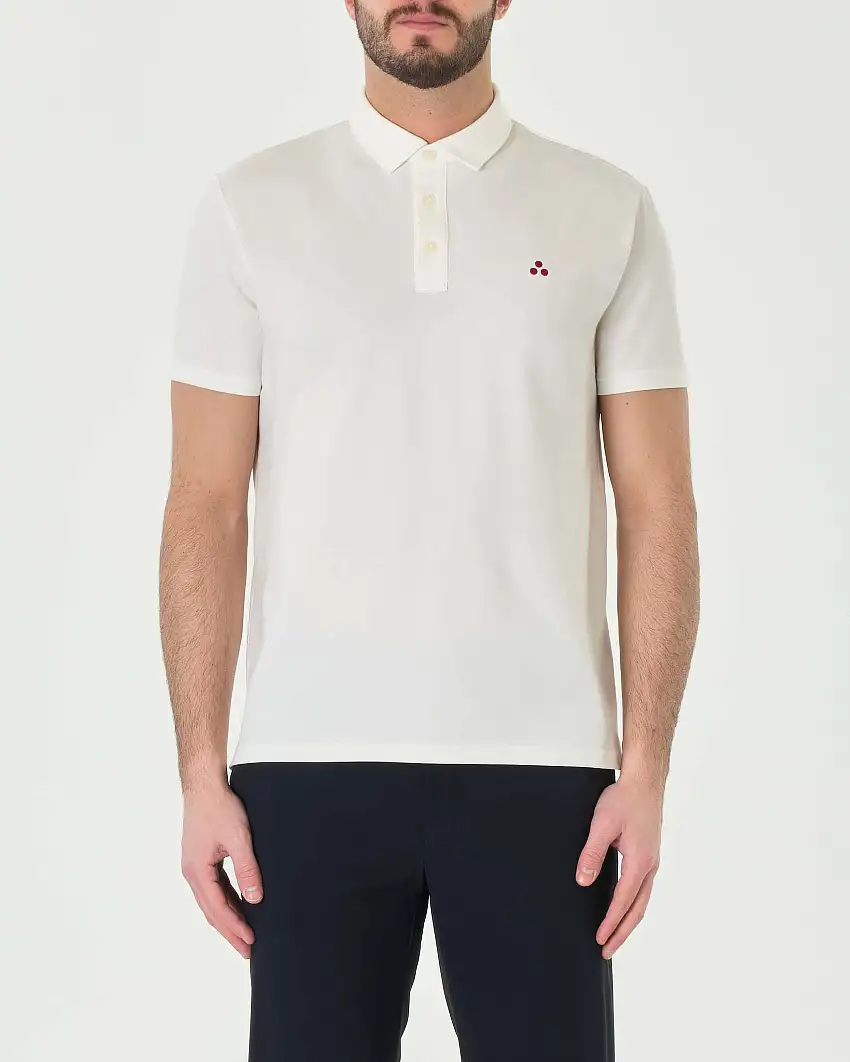 Polo avorio mezza manica in tessuto tecnico stretch di misto cotone e seta