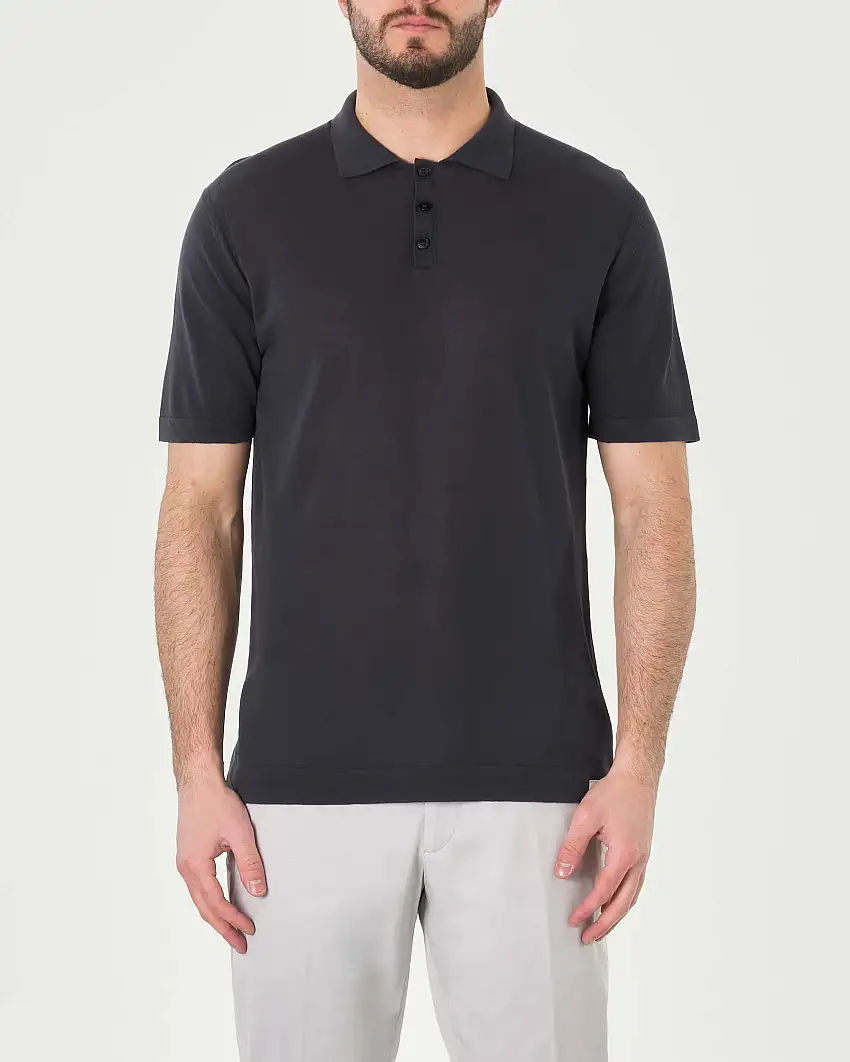 Polo blu mezza manica in tricot di cotone tinto capo