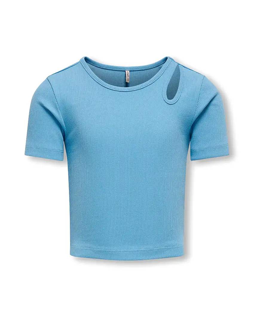 T-shirt azzurra in cotone stretch a costine con apertura e maniche corte