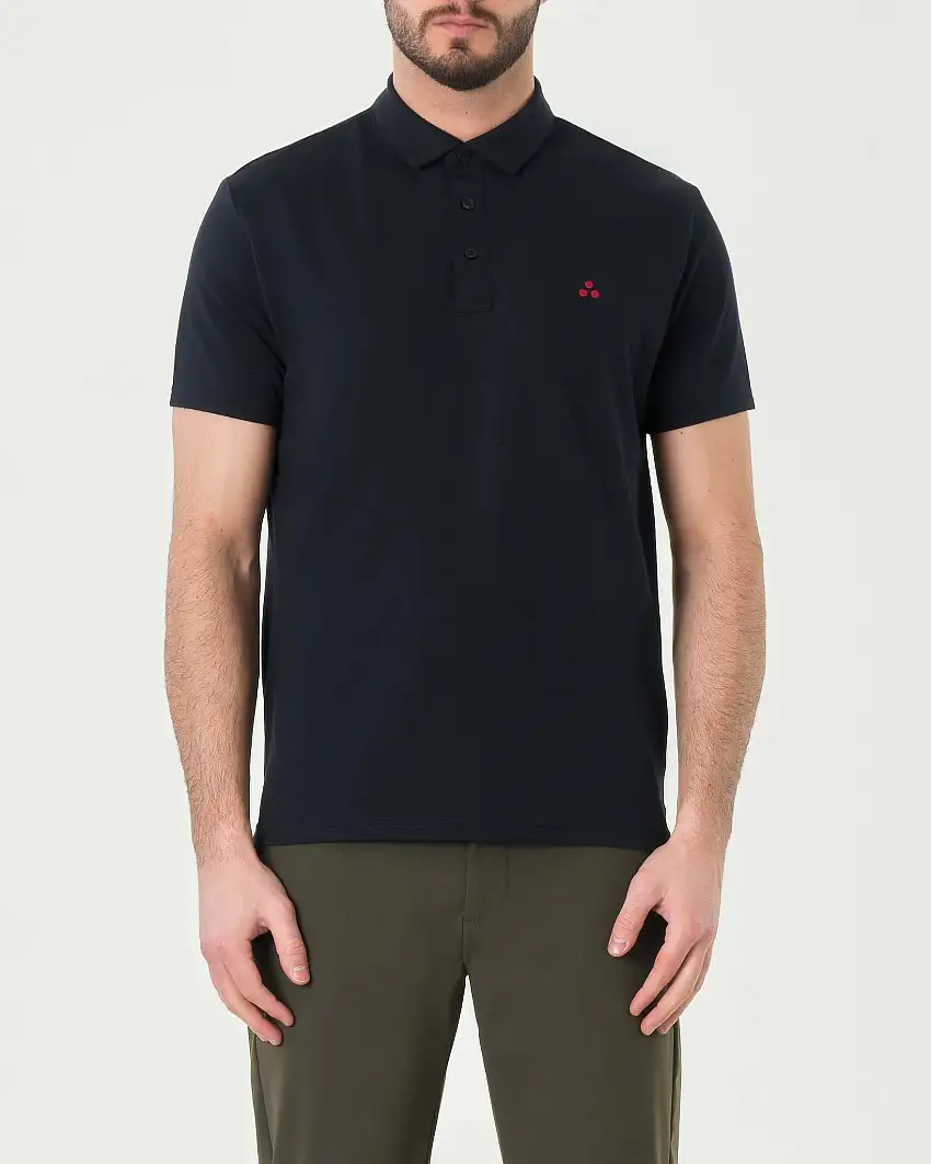 Polo blu mezza manica in tessuto tecnico stretch di misto cotone e seta