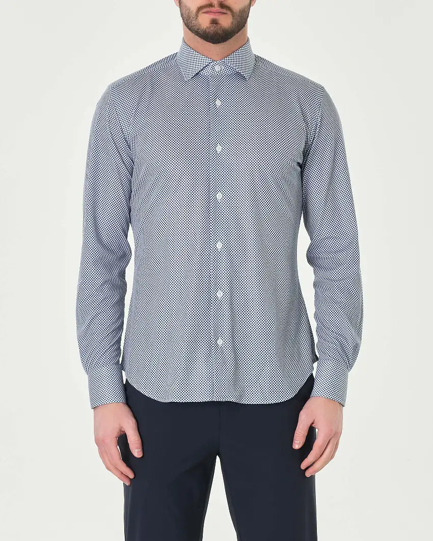 Camicia Re-Do It bianca con micro fantasia blu in tessuto tecnico stretch