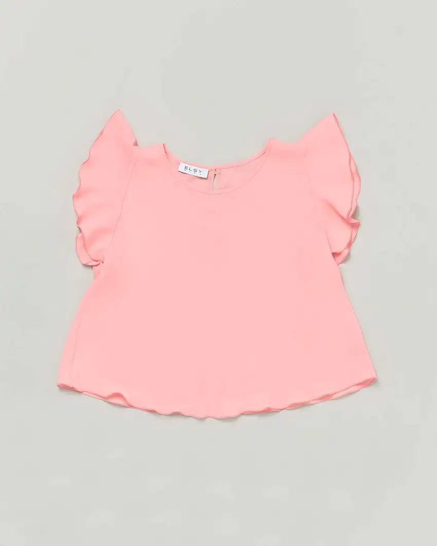 T-shirt color corallo in crêpe a maniche corte con volant