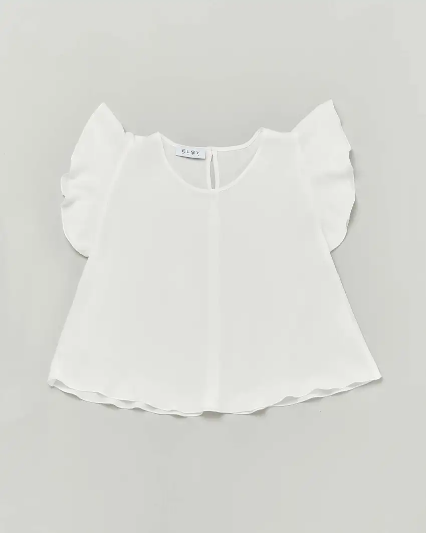 T-shirt bianca in crêpe a maniche corte con volant