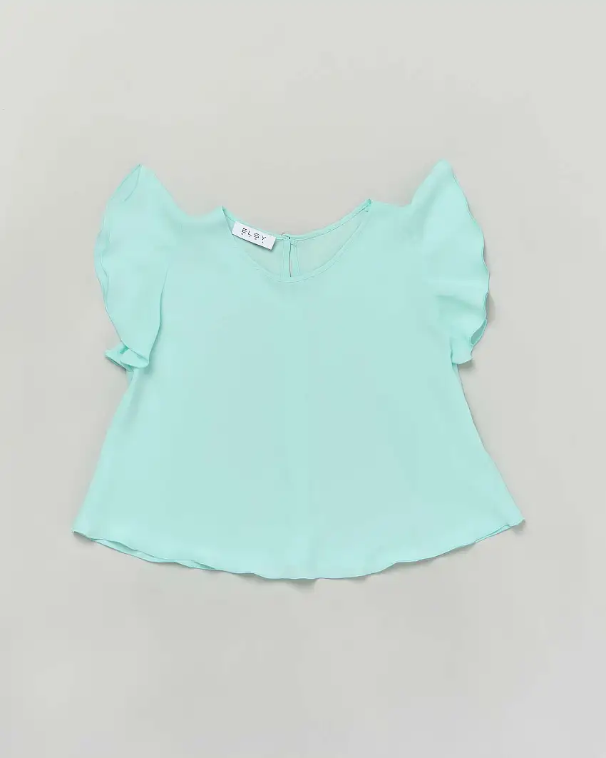 T-shirt verde acqua in crêpe a maniche corte con volant