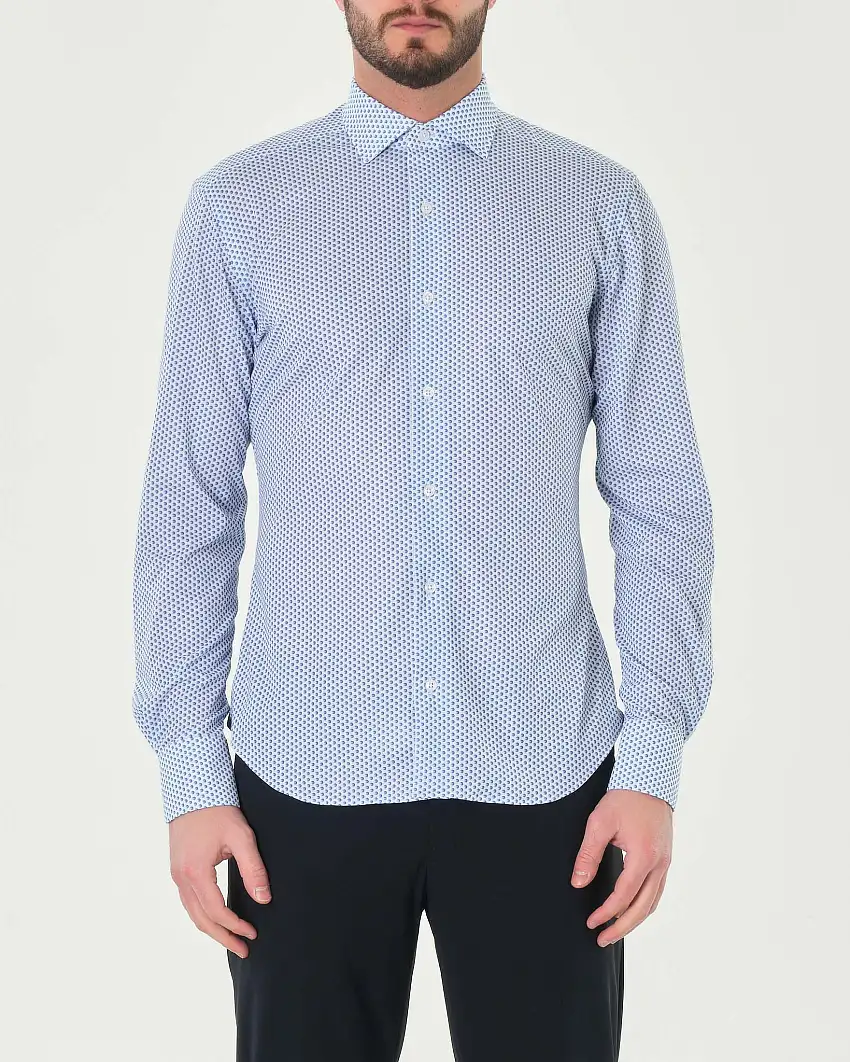 Camicia bianca con micro fantasia pallini azzurri in tessuto tecnico stretch