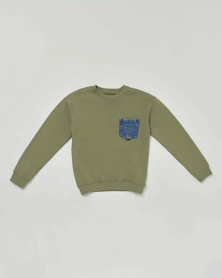 Felpa Roy Roger's verde militare girocollo in puro cotone con taschino jeans