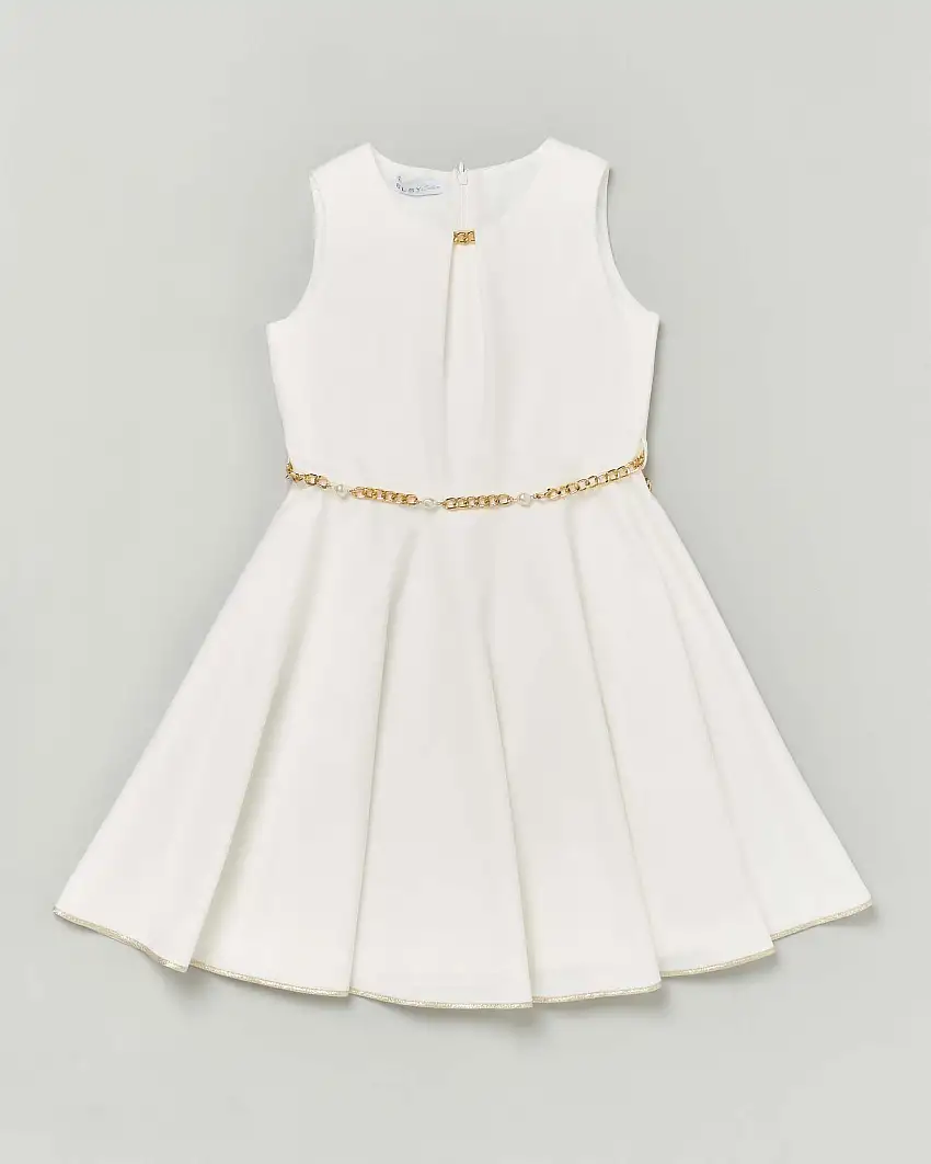 Abito fit and flare avorio con gonna a faldoni e cintura a catena dorata