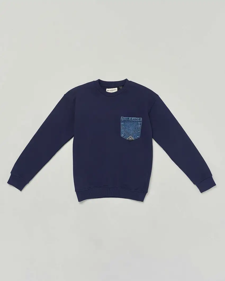 Felpa Roy Roger's blu girocollo in puro cotone con taschino jeans
