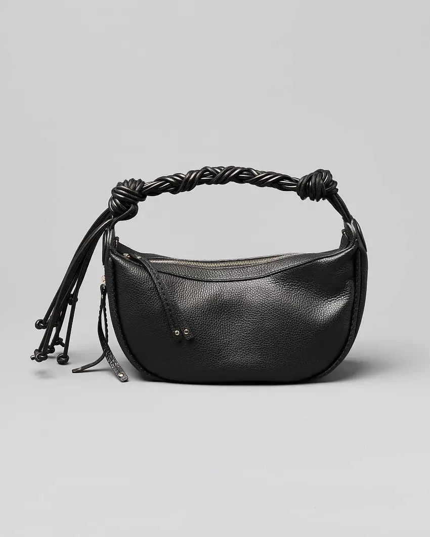 Borsa nera misura piccola in pelle martellata con spallaccio intrecciato