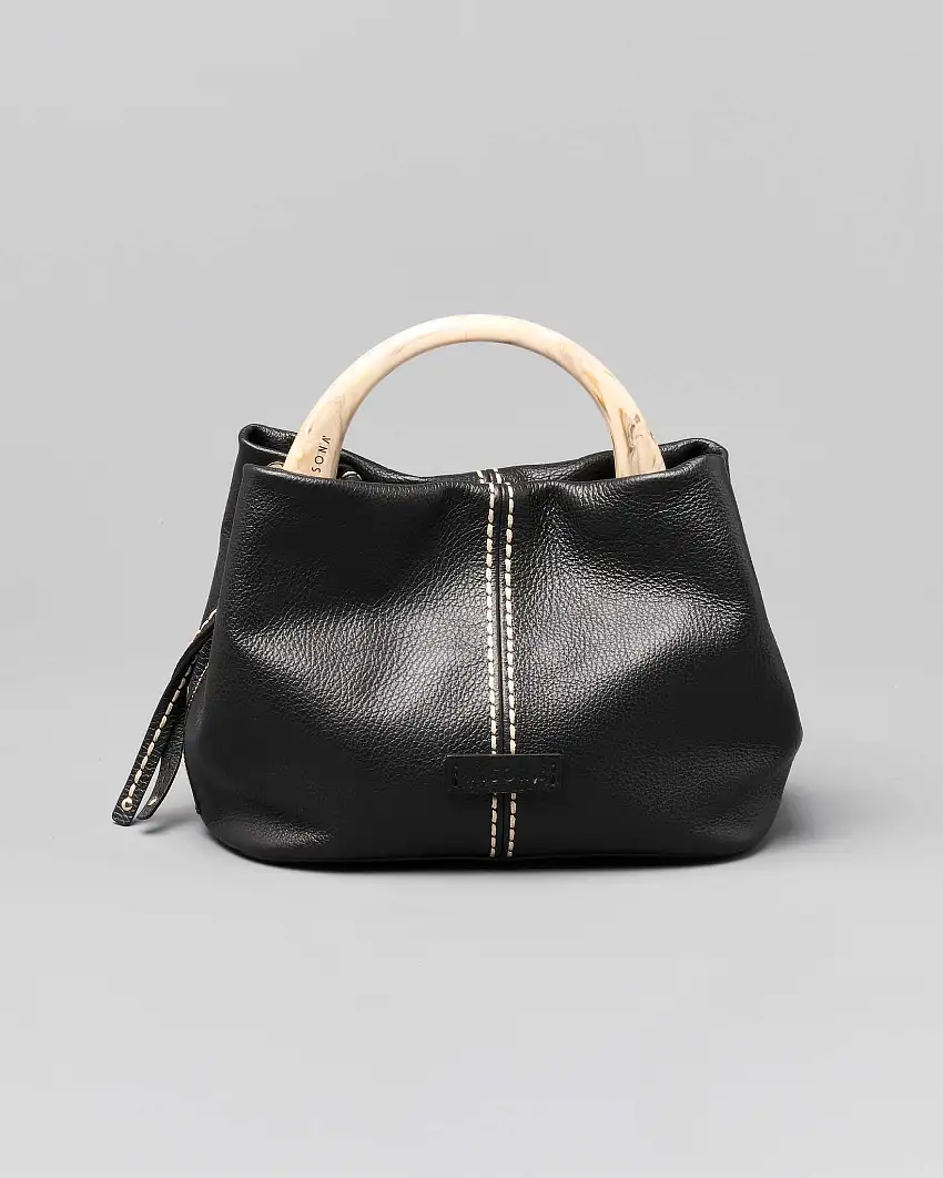 Borsa nera in pelle martellata misura piccola con manico in osso e impunture a cotrasto