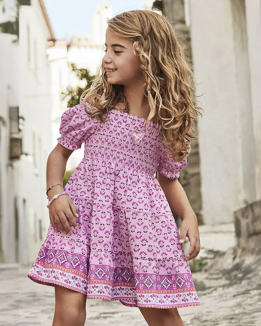 Abito etnico malva con motivi floreali in puro cotone