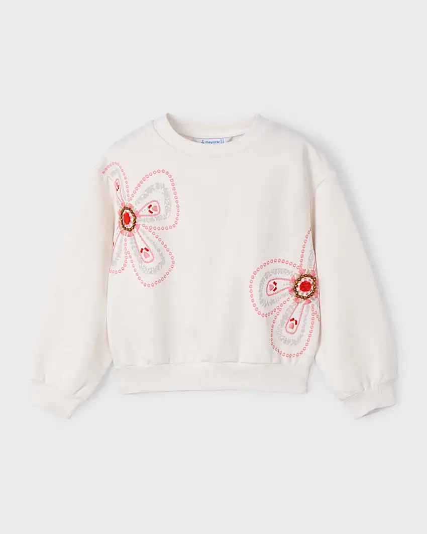 Felpa avorio girocollo in cotone stretch con fiori e perline