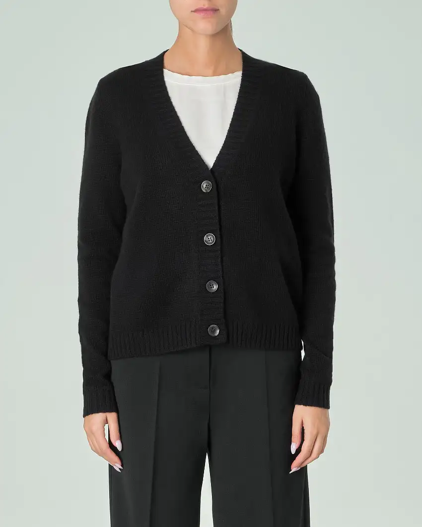 Cardigan nera in puro cashmere con scollo a V e chiusura a bottoni
