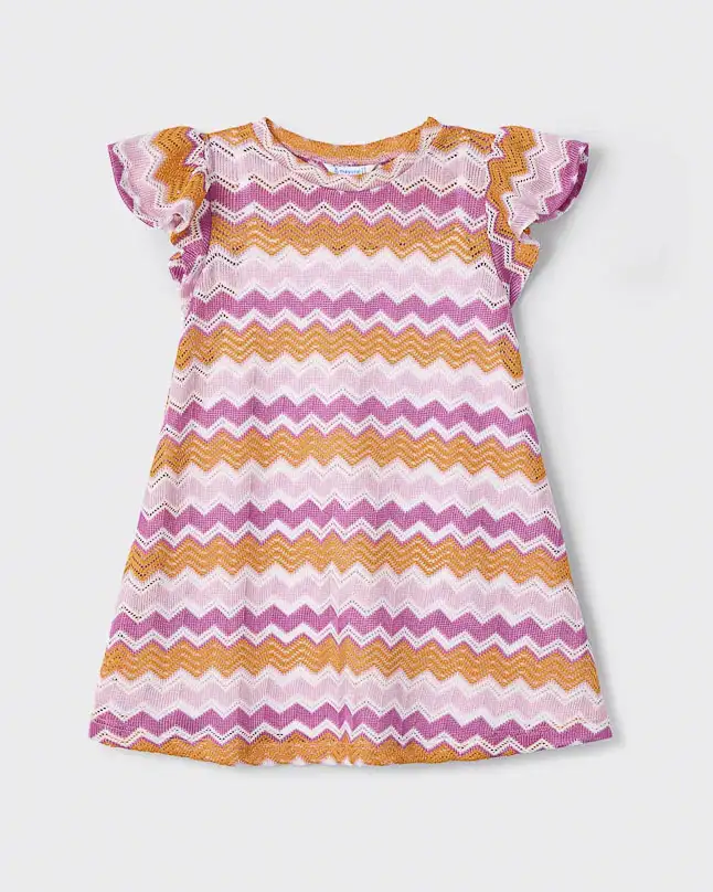 Abito rosa e arancio in fantasia chevron dal taglio dritto con maniche a volant