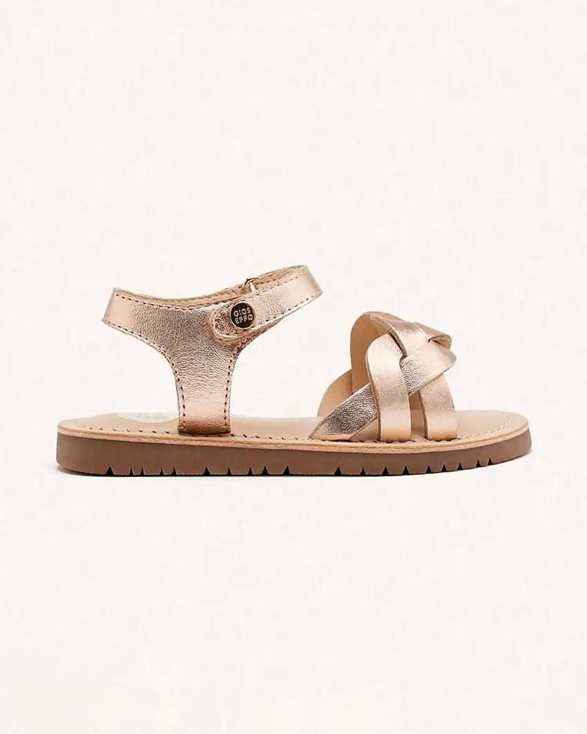 Sandalo oro rosa con fascia a treccia in pelle