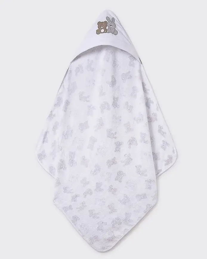 Asciugamano a mantella bianca in cotone con cappuccio in fantasia orsetti