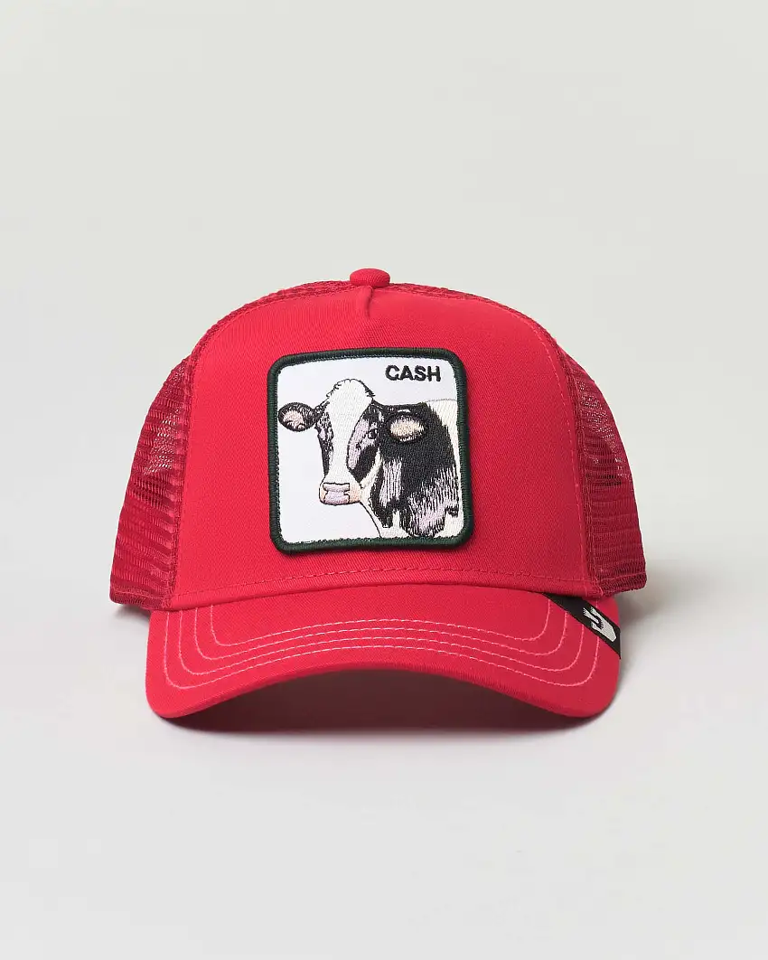 Berretto Cash Cow trucker rosso con frontino e patch mucca