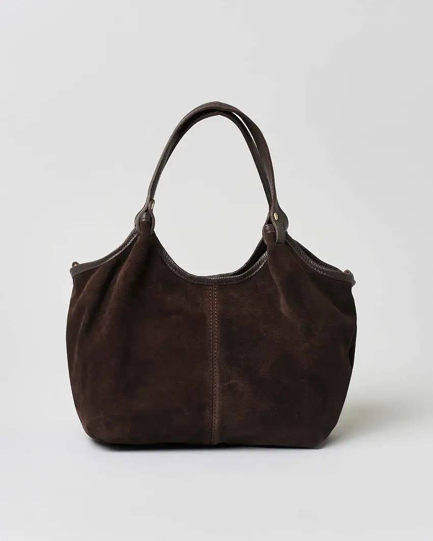 Borsa a spalla marrone in suede con cucitura frontale a vista