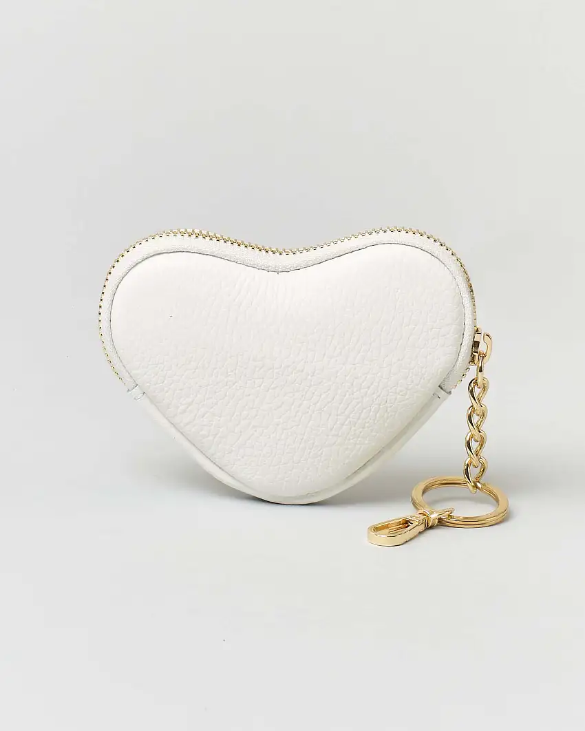 Portachiavi bianco in pelle a forma di cuore con cerniera