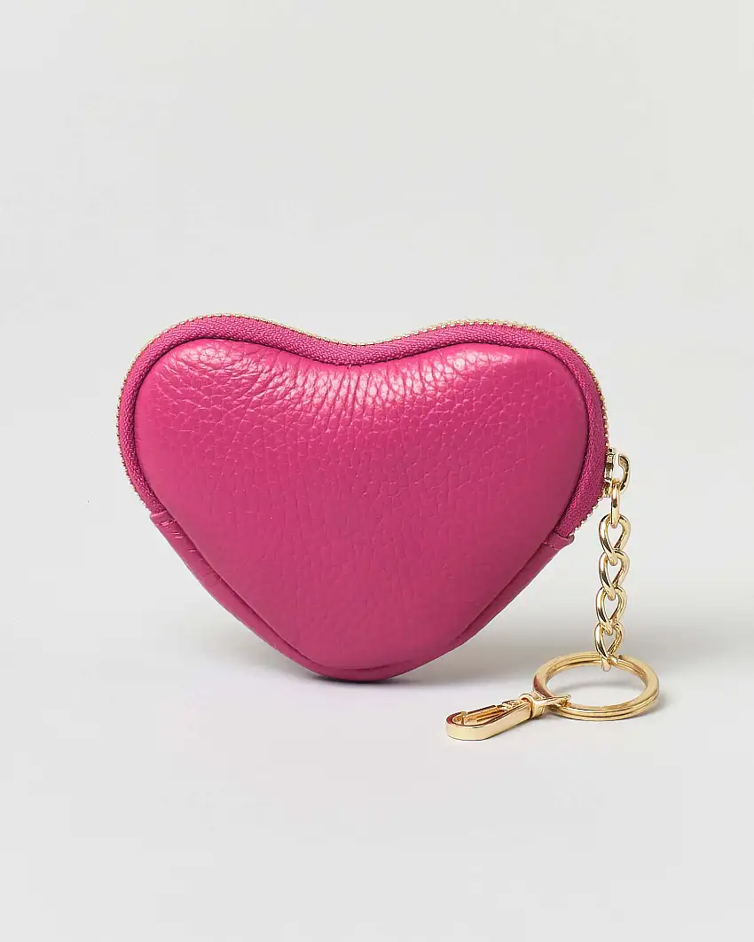 Portachiavi fucsia in pelle a forma di cuore con cerniera