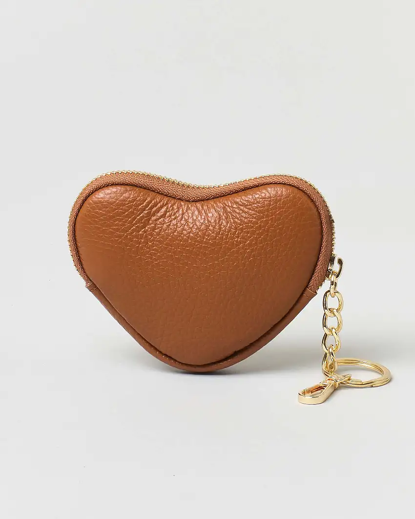 Portachiavi color cuoio in pelle a forma di cuore con cerniera