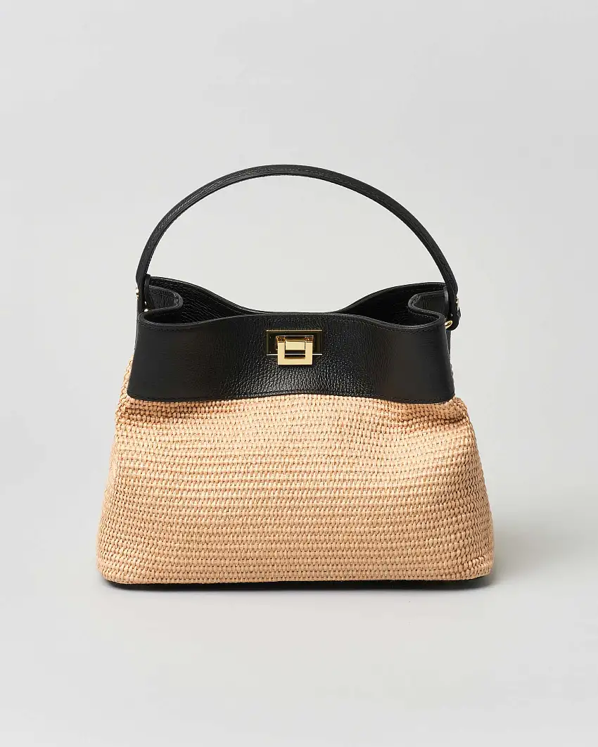 Secchiello in raffia con profilo e spallaccio in pelle nera