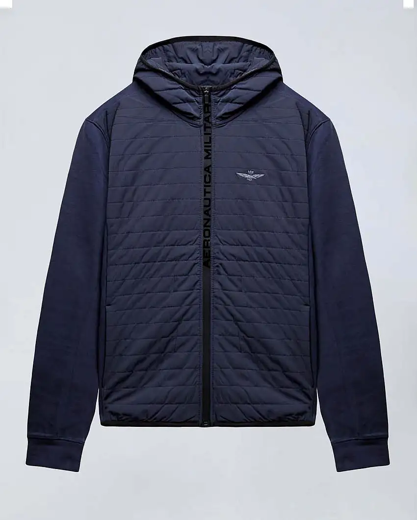 Giubbino blu in nylon trapuntato e interlock con cappuccio
