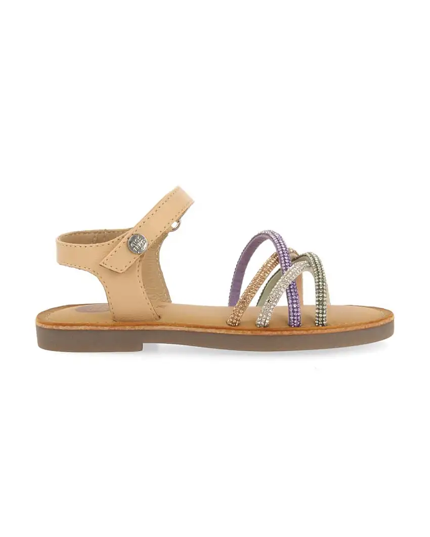 Sandalo in pelle nude con intreccio di strass multicolor