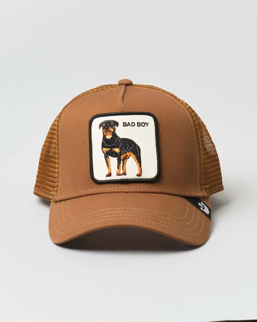 Berretto The Baddest Boy trucker color caramello con patch Rottweiler